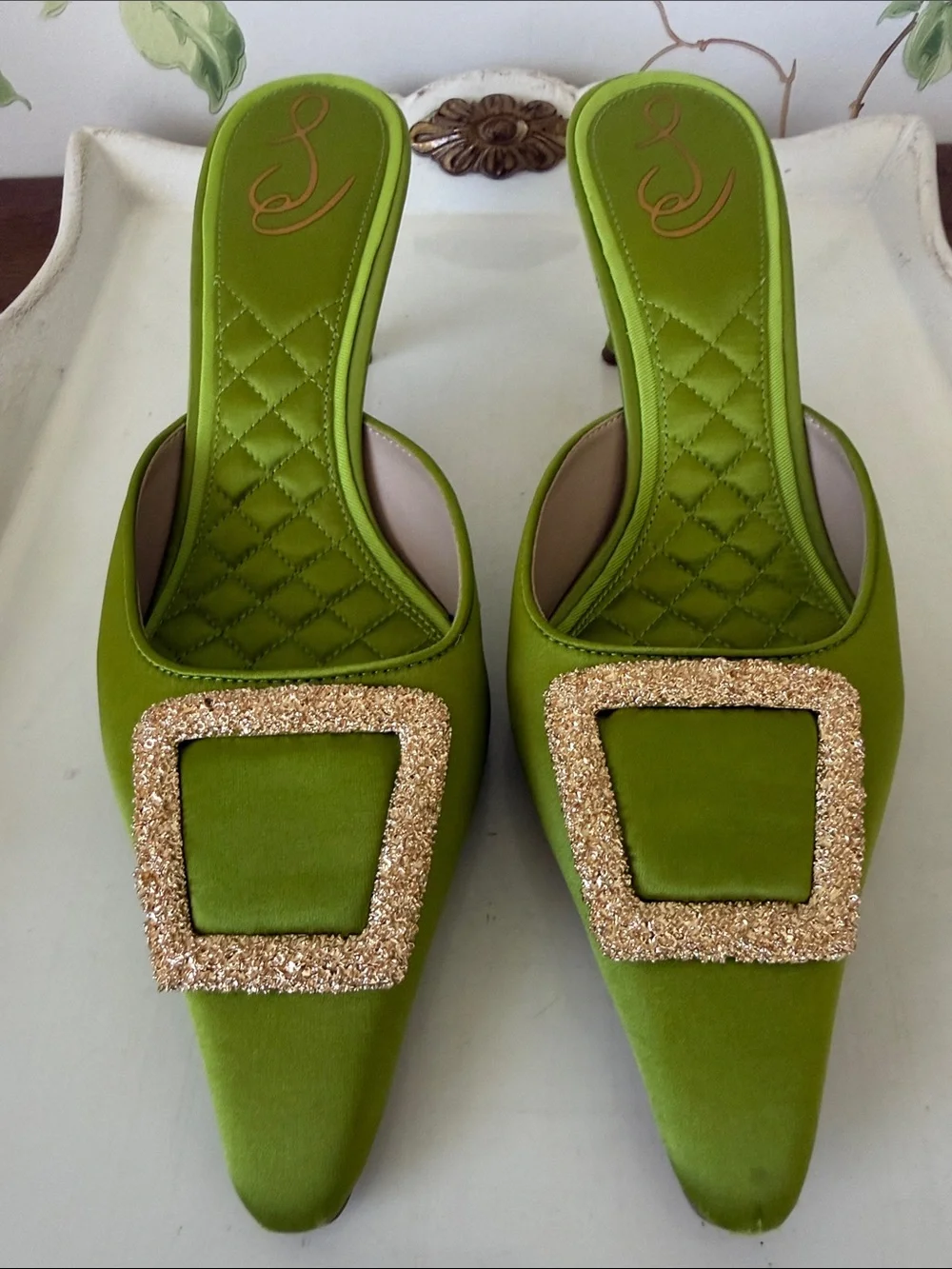 Sam Edelman Green Brit Kitten Satin Mules with Gold Buckle - Size 8.5 - Picture 14 of 14